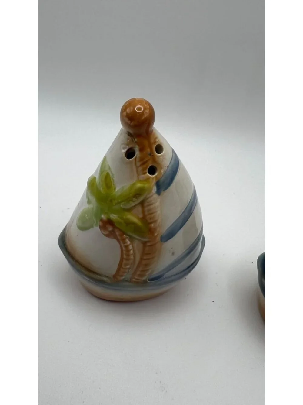 Sailboat Ceramic Salt & Pepper Shaker Set Hand-Painted Nautical Decor Palm Tree